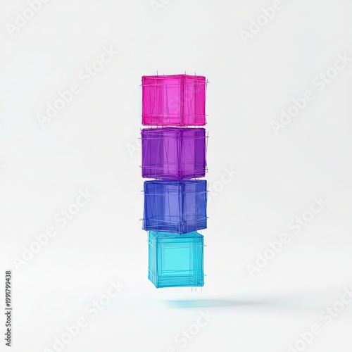 A vibrant stack of translucent cubes in a colorful gradient, featuring geometric precision and a minimalist aesthetic against a clean white background, showcasing modern artistic design