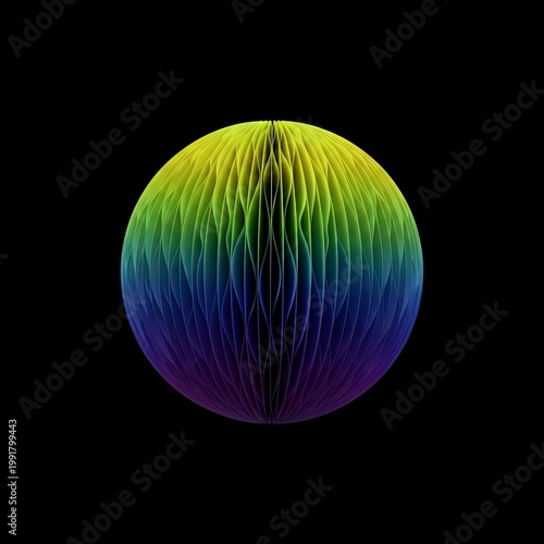 Vibrant digital concept of an abstract colorful sphere with a unique textured surface, blending rainbow hues from yellow to purple against a dark background