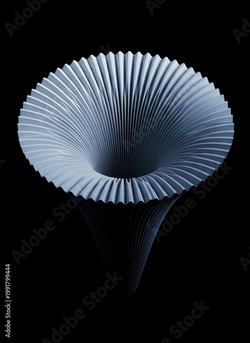 Abstract 3D render of a futuristic fluted funnel-shaped structure with intricate radial folds against a dark background