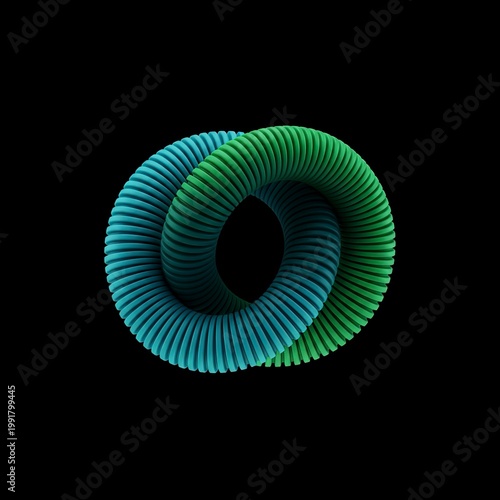 Abstract 3D geometric shape in a torus knot formation with a gradient of blue and green on a black background, symbolizing complexity and interconnectedness