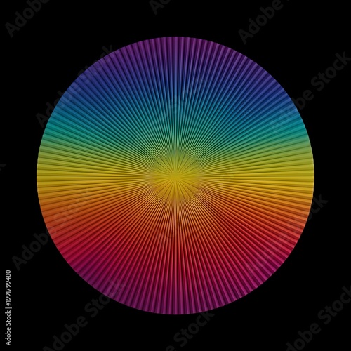 Vibrant abstract spectrum of rainbow colors radiating outwards in a dynamic circular pattern against a deep black background, evoking a sense of energetic light and artistic motion
