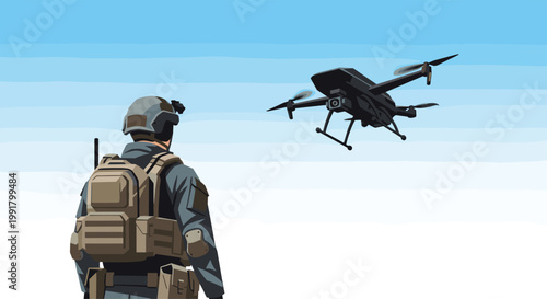 A soldier equipped with a tan tactical backpack stands in an open field watching a black surveillance drone hover against a clear blue gradient sky background.