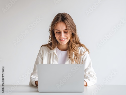 young woman working on laptop in bright modern room