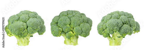 Fresh broccoli isolated on white background, three heads of green vegetable.