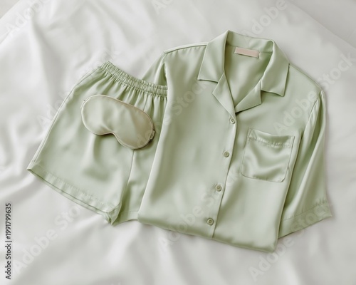 Soft pastel green satin pajama set with button-up shirt and shorts on white bed, silky sleep mask, cozy minimal bedroom aesthetic in natural light.