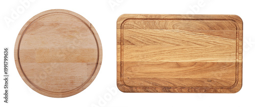 Wooden cutting boards set isolated on white, round and rectangular kitchen boards top view