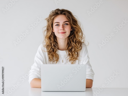 young woman working on laptop in bright modern room