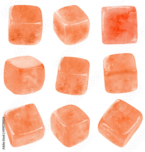Ice cubes set isolated on white background, collection of transparent melting ice blocks