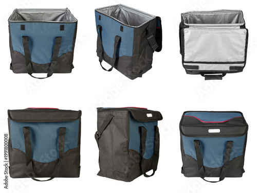 Insulated cooler bag isolated on white background, thermal lunch bag set in different angles