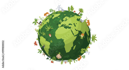 A textured green globe is completely covered in lush vegetation and small animals like sheep and deer under a bright light on a pristine white background.