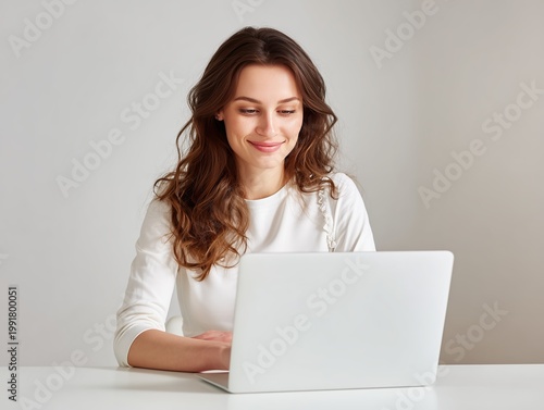 young woman working on laptop in bright modern room