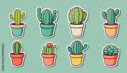 Set of cartoon cactus vector in pot, sticker with outline element.



