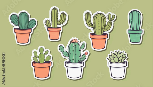 Set of cartoon cactus vector in pot, sticker with outline element.



