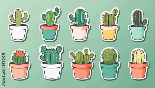 Set of cartoon cactus vector in pot, sticker with outline element.



