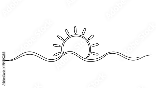 Minimalist continuous line art of a sun rising over ocean waves.