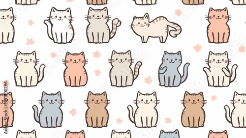vector illustration template featuring adorable cartoon cat characters with pastel color schemes and simple flat design elements, including fabric motifs