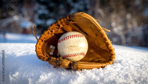 A well-worn baseball rests comfortably in a leather glove, nestled in a bed of fresh, white snow, a blurred winter backdrop