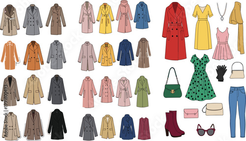 Comprehensive Women Fashion Vector Collection Featuring Winter Overcoats Stylish Autumn Jackets Elegant Dresses and Trendy Accessories Like Handbags Sunglasses and Boots for Apparel Design