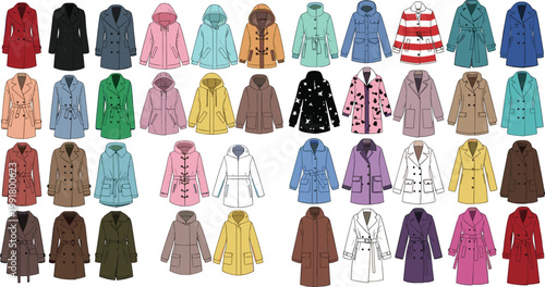 Comprehensive Collection of Women Winter and Autumn Outerwear Vector Illustrations Featuring Diverse Colorful Coats Jackets Hooded Parkas and Stylish Trench Coats for Fashion Design
