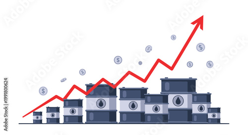 A dynamic financial graph depicts the rising cost of energy through various blue oil drums and a bold red arrow climbing past floating silver coins.