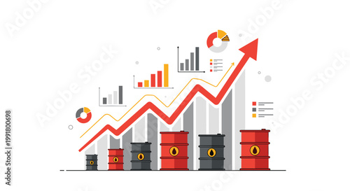 A sophisticated economic infographic displays fluctuating oil prices using red and black barrels positioned against a backdrop of rising grey bar charts and arrows.