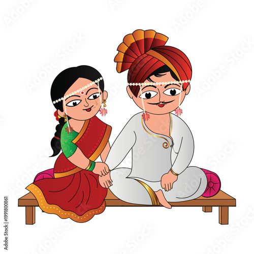 marathi wedding couple sitting ritual illustration maharashtrian bride groom traditional marriage ceremony vector