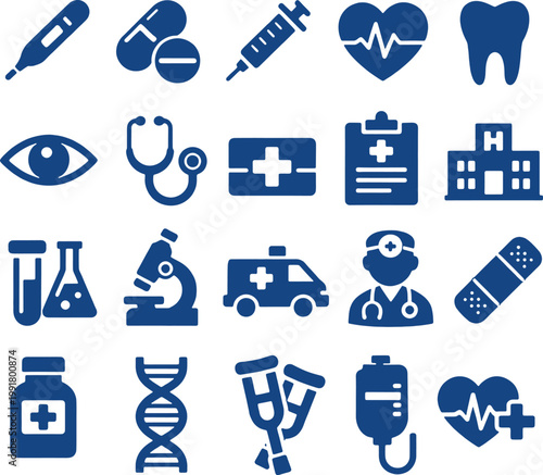 Medical healthcare icons set blue flat vector collection.