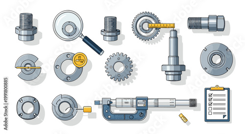 A comprehensive collection of precision mechanical parts including gears, bolts, and washers is displayed with professional measuring tools and a quality control checklist.