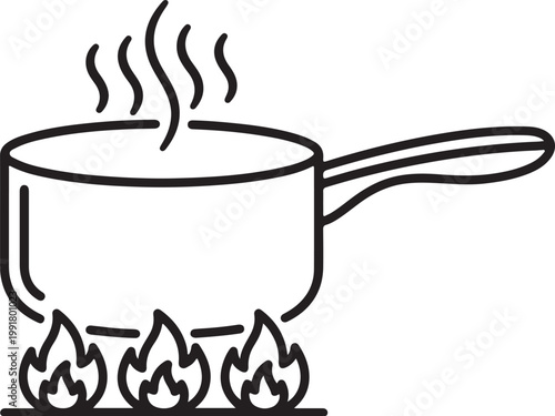 A minimalist line art icon of a saucepan or cooking pot with a long handle.eps