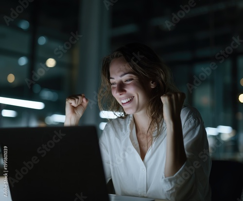 business woman celebrating success on laptop in modern office at night