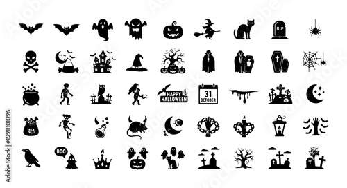 Halloween icon set with 50 black vector silhouettes, spooky holiday symbols collection, flat horror design elements for seasonal party invitations