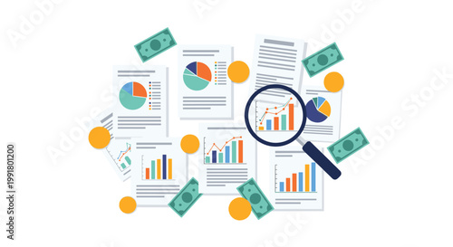 A large magnifying glass focuses on a colorful bar chart situated among scattered financial documents, gold coins, and green banknotes on a white background.