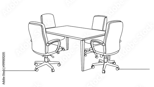 Continuous line drawing of a modern office meeting room table with four chairs.