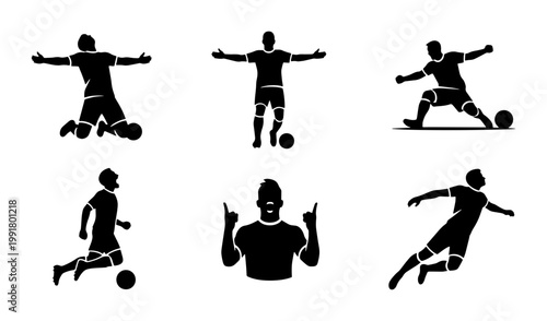 Soccer player silhouette collection, football athlete action poses set of 6 vectors, professional sportsman celebrating and playing soccer icons