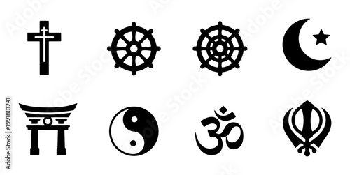 Religious symbols collection with 8 black icons, spiritual faith and world religion signs, sacred belief system emblems for graphic design
