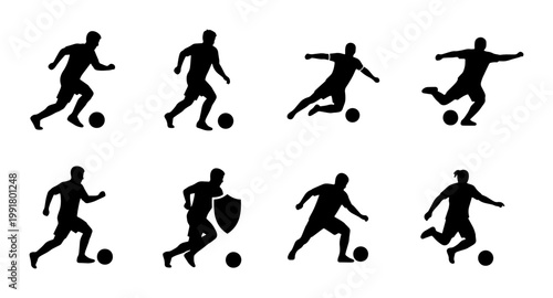Soccer player silhouettes set of 8 vector icons, football athletes kicking and dribbling ball, black sport action figures on white background