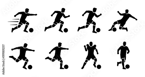 Soccer player silhouettes set, 8 football athlete icons in action poses, black vector figures dribbling and kicking ball for sports design