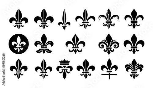 Vintage fleur de lis icons set, royal lily heraldic symbols collection, black ornamental floral vector elements for luxury branding and crest design
