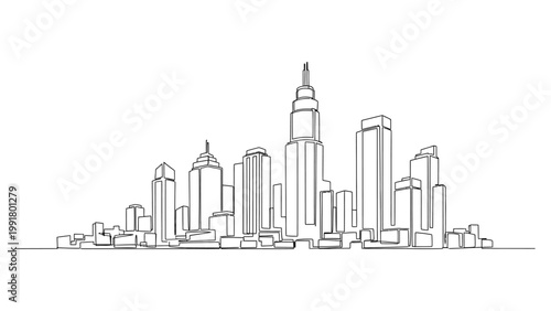 Continuous single line drawing of modern city skyline with skyscrapers.