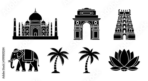 Indian landmark icons set, black silhouette travel symbols including temple and elephant, traditional cultural vector elements for tourism design