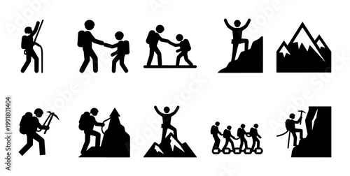 Mountain climbing and hiking icons set, black silhouette mountaineering pictograms, 10 vector elements for outdoor adventure and rock climbing