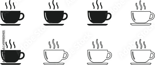 Vector Set of Coffee Cup Icons with Steam in Black and White for Beverage, Drink, and Kitchen Designs