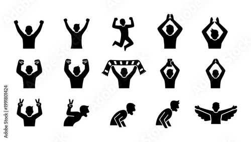 Sports fan silhouettes set, 15 cheering people icons, crowd celebration and stadium audience gestures, black vector figures for event promotion