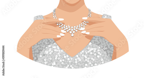 A woman with elegant white manicured nails carefully adjusts a stunning multi-layered diamond necklace while wearing a shimmering silver sequined evening gown for a gala.