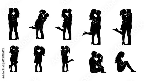 Romantic couple silhouettes set, lovers kissing and hugging in various poses, black vector icons of man and woman in love, intimate relationship graphics
