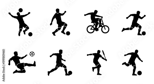 Athletic sports silhouette collection, soccer player icons and football action poses, 8 vector silhouettes of athletes playing ball and cycling