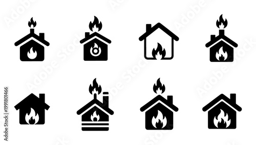 House fire icons set, black burning home vector symbols, 8 residential property fire insurance signs, building emergency and disaster pictograms