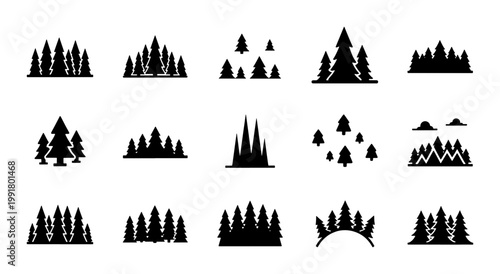 Minimalist pine tree forest silhouettes, 15 black evergreen conifer icons, woodland landscape vector elements for outdoor adventure and camping design