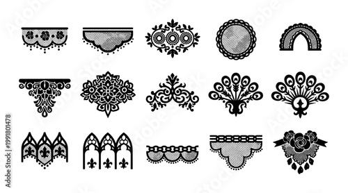 Vintage black lace borders and floral ornaments, set of 15 decorative crochet vector elements, elegant gothic filigree trim for wedding invitations