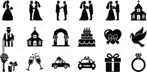 Collection of wedding and marriage themed icons in black and white silhouette style Vector